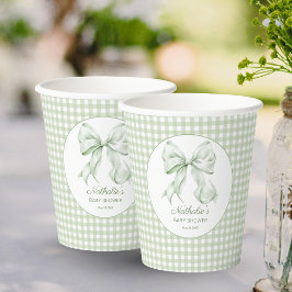 Elegant Sage Green Bow Gingham Baby Shower Pappbecher