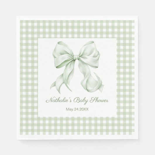 Elegant Sage Green Bow Gingham Baby Shower Serviette (Vorderseite)