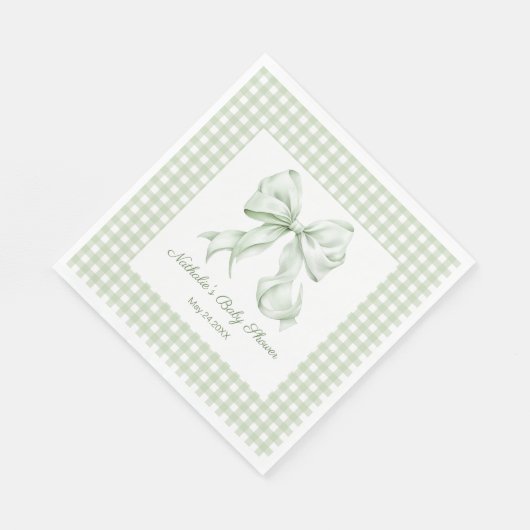 Elegant Sage Green Bow Gingham Baby Shower Serviette (Ecke)