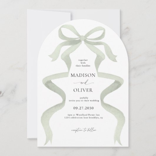 Elegant Sage Green Bow Monogram Arch Wedding Einladung (Vorderseite)