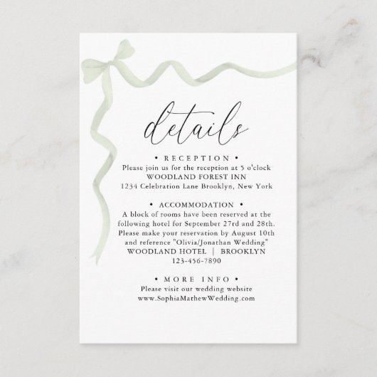 Elegant Sage Green Bow Monogram Wedding Details Begleitkarte (Vorderseite)