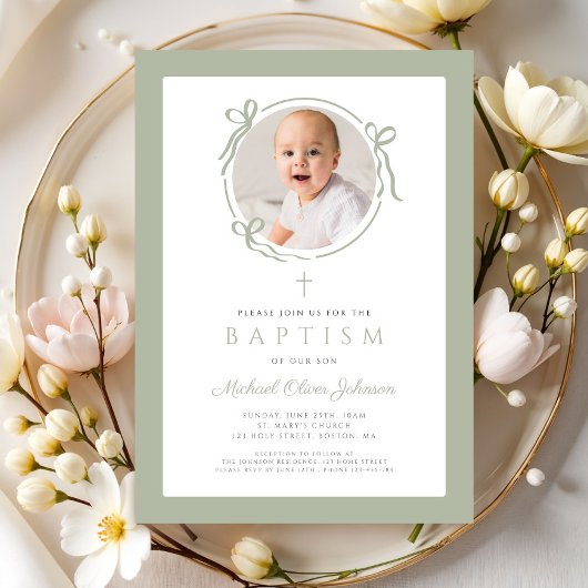 Elegant Sage Green Bow Photo Baptism Einladung