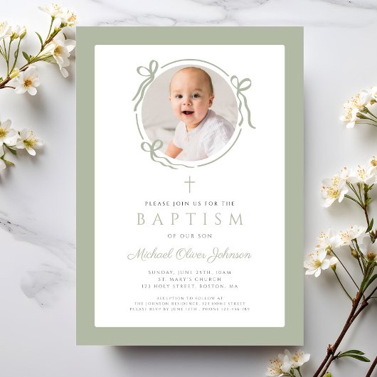Elegant Sage Green Bow Photo Baptism Einladung