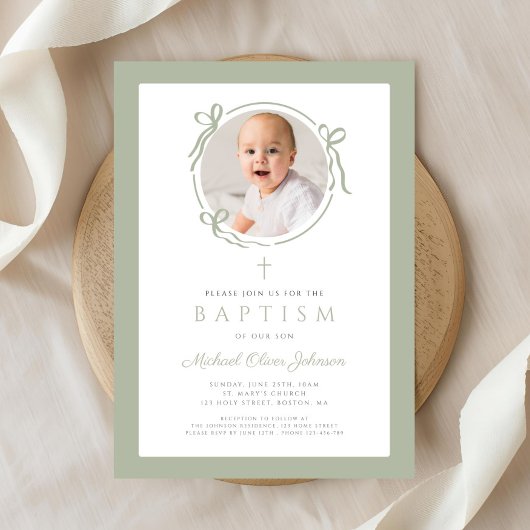 Elegant Sage Green Bow Photo Baptism Einladung