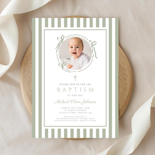 Elegant Sage Green Bow Photo Boy Baptism Einladung