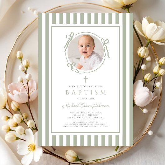 Elegant Sage Green Bow Photo Boy Baptism Einladung