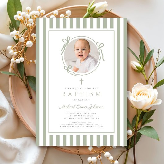 Elegant Sage Green Bow Photo Boy Baptism Einladung