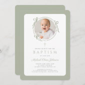 Elegant Sage Green Bow Photo Boy Baptism Einladung (Vorne/Hinten)
