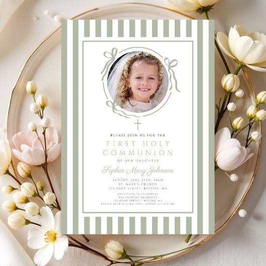 Elegant Sage Green Bow Photo Girl First Communion Einladung