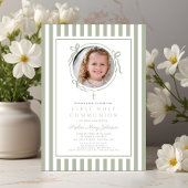 Elegant Sage Green Bow Photo Girl First Communion Einladung