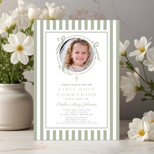 Elegant Sage Green Bow Photo Girl First Communion Einladung