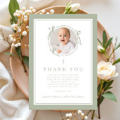 Elegant Sage Green Bow Religious Baptism Photo Dankeskarte