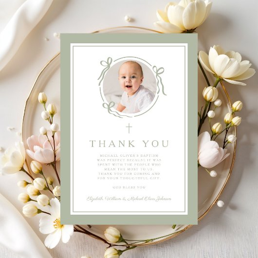 Elegant Sage Green Bow Religious Baptism Photo Dankeskarte
