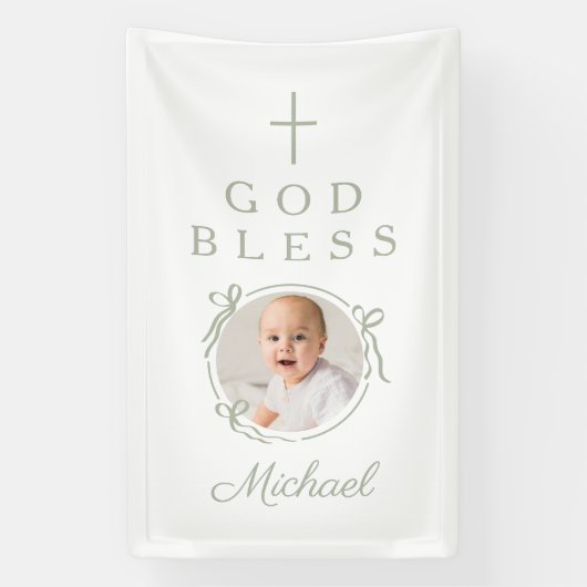 Elegant Sage Green Boy God Bless Photo Banner (Vertikal)