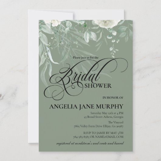 Elegant Sage Green Bridal Shower Invitation Einladung (Vorderseite)