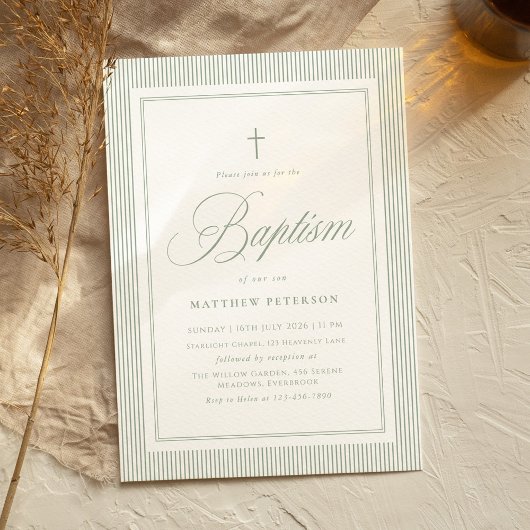 Elegant Sage Green Calligraphy Baptism Einladung