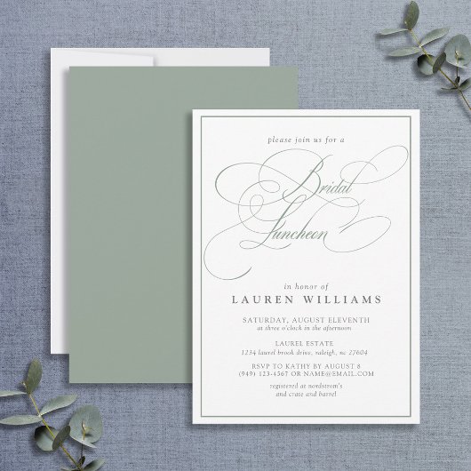 Elegant Sage Green Calligraphy Bridal Luncheon Einladung