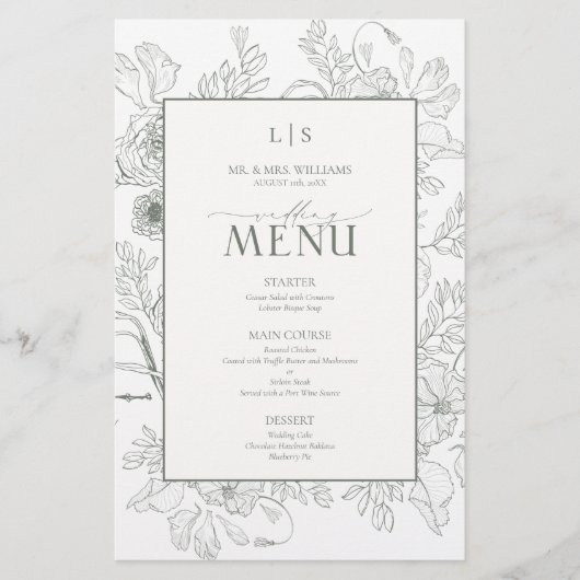 Elegant Sage Green Calligraphy Monogram Menu Card (Vorderseite)
