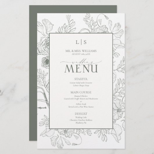 Elegant Sage Green Calligraphy Monogram Menu Card (Vorne/Hinten)