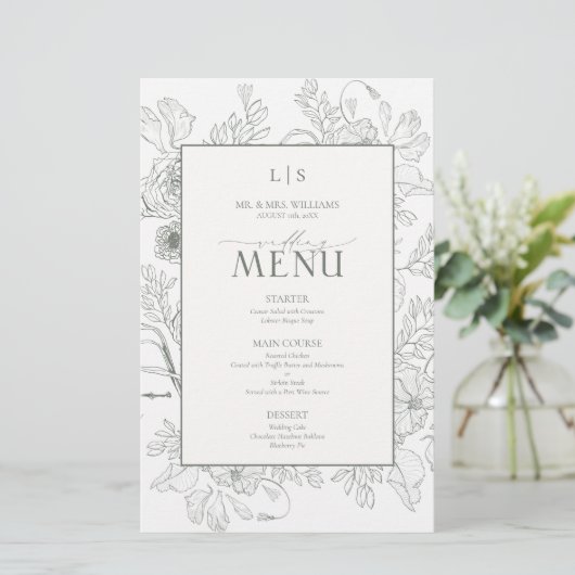Elegant Sage Green Calligraphy Monogram Menu Card (Stehend Vorderseite)