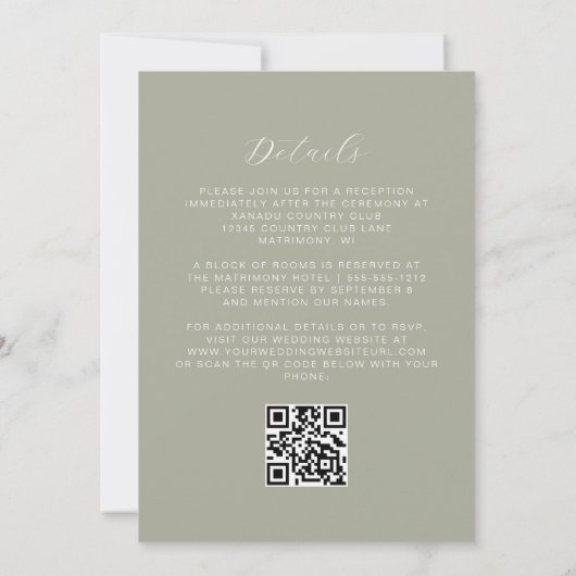Elegant Sage Green Calligraphy QR Code Hochzeit Einladung (Rückseite)
