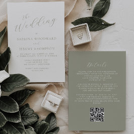 Elegant Sage Green Calligraphy QR Code Hochzeit Einladung