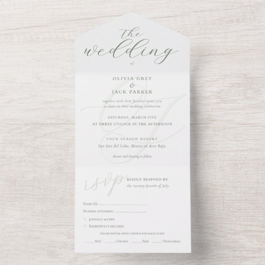 Elegant Sage Green Calligraphy Wedding All In One Einladung (Innen)