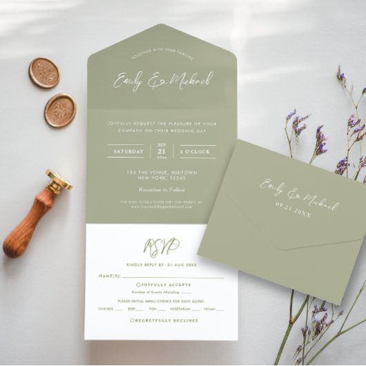 Elegant Sage Green Calligraphy Wedding All In One Einladung