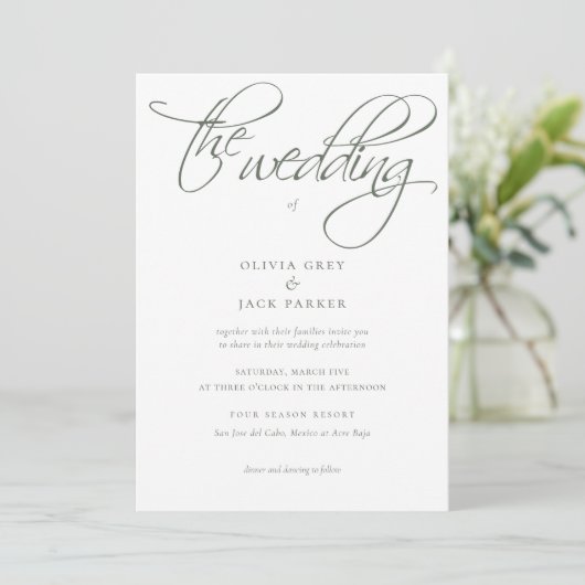 Elegant Sage Green Calligraphy Wedding Einladung (Stehend Vorderseite)