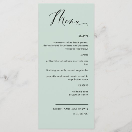 Elegant Sage Green Calligraphy Wedding / Empfang Menükarte (Vorderseite)