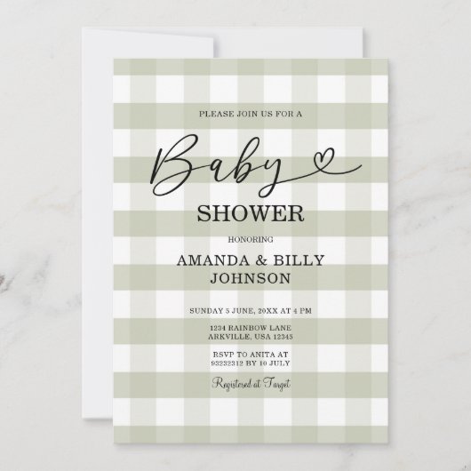 Elegant Sage Green Classic Gingham Baby Shower Einladung (Vorderseite)
