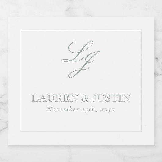 Elegant Sage Green Classic Monogram Script Wedding Schaumweinetikett (Einzelnes Label)