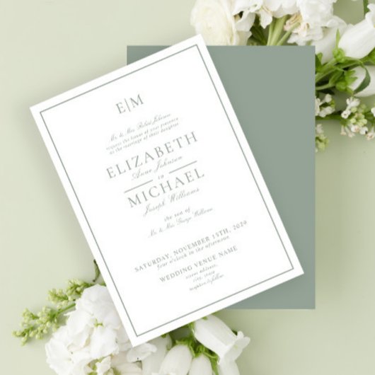 Elegant Sage Green Classic Script Monogram Wedding Einladung