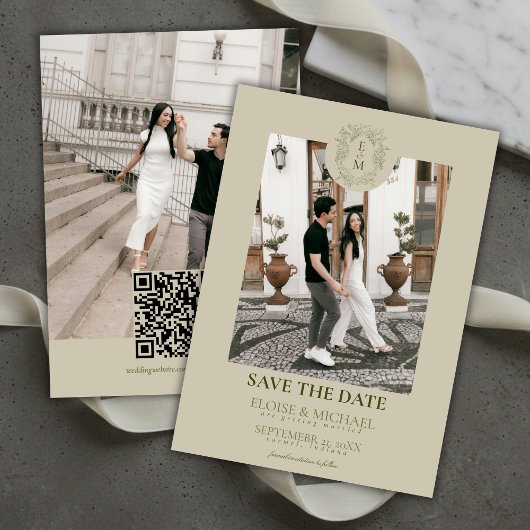 Elegant Sage Green Crest Monogram Save The Date  Einladung