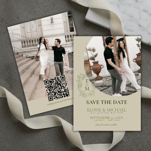 Elegant Sage Green Crest Monogram Save The Date  Einladung