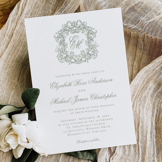 Elegant Sage Green Crest Monogram Wedding Einladung
