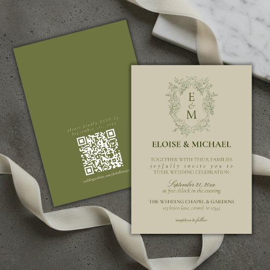 Elegant Sage Green Crest Monogram Wedding Einladung