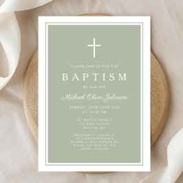 Elegant Sage Green Cross Baby Boy Baptism Einladung