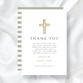 Elegant Sage Green Cross Baptisse Dankeskarte