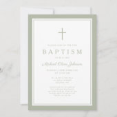 Elegant Sage Green Cross Boy Baptism Einladung (Vorderseite)