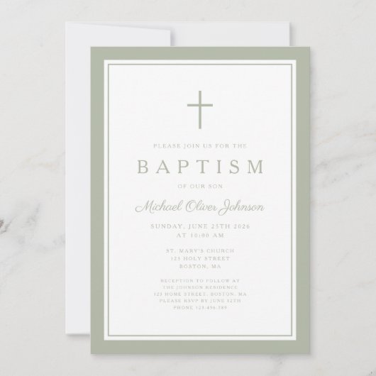Elegant Sage Green Cross Boy Baptism Einladung (Vorderseite)