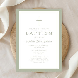 Elegant Sage Green Cross Boy Baptism Einladung
