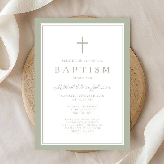Elegant Sage Green Cross Boy Baptism Einladung