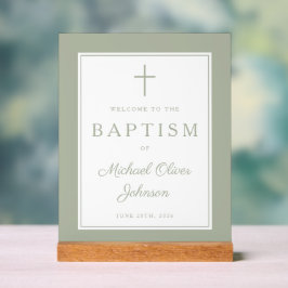 Elegant Sage Green Cross Boy Baptism Welcome Acrylschild