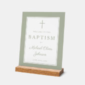 Elegant Sage Green Cross Boy Baptism Welcome Acrylschild (Winkel)