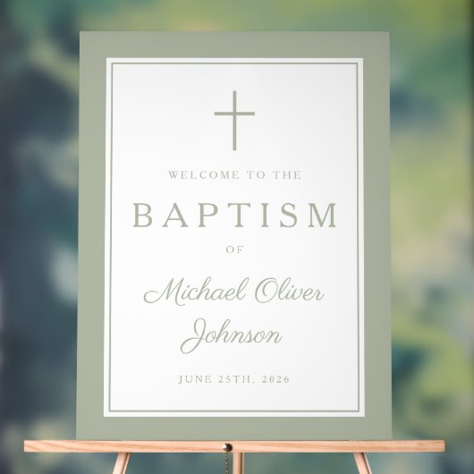 Elegant Sage Green Cross Boy Baptism Welcome Acrylschild (Neutral)