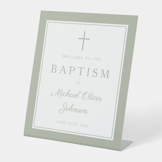 Elegant Sage Green Cross Boy Baptism Welcome Sockelschild (Vorderseite)