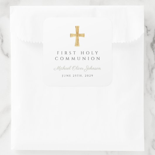 Elegant Sage Green Cross Boy Erste Kommune Quadratischer Aufkleber (Tasche)