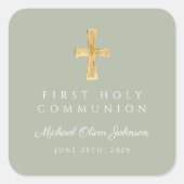 Elegant Sage Green Cross Boy Erste Kommune Quadratischer Aufkleber (Vorderseite)