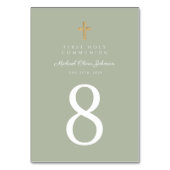 Elegant Sage Green Cross Boy Erste Kommune Tischnummer (Vorderseite)